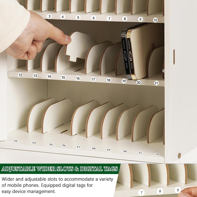 Echaprey Cell Phone Holder Classroom Adjustable 33 Slots Pocket Chart Wooden Cell Phone Storage Cabinet with Handle and Lock Desktop Cell Phone Holder for Classroom Office (White) - Image 4